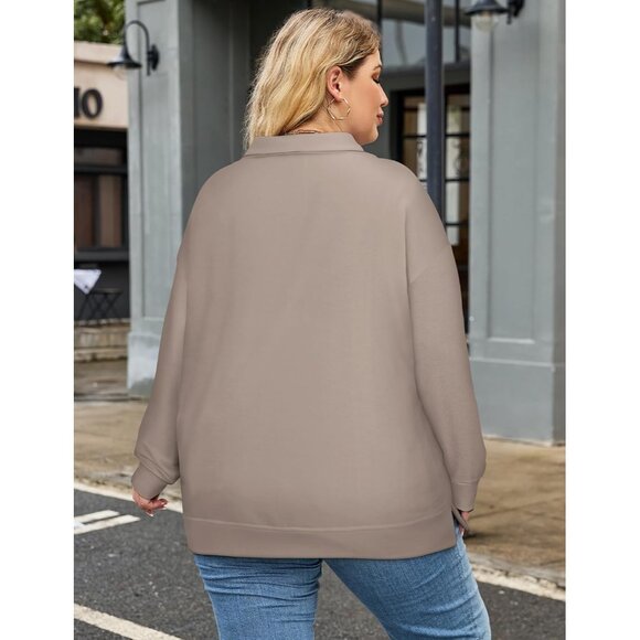 Plus Size Sweatshirt Women Polyester Spandex Pockets Quarter Zip Oversized - Picture 5 of 7